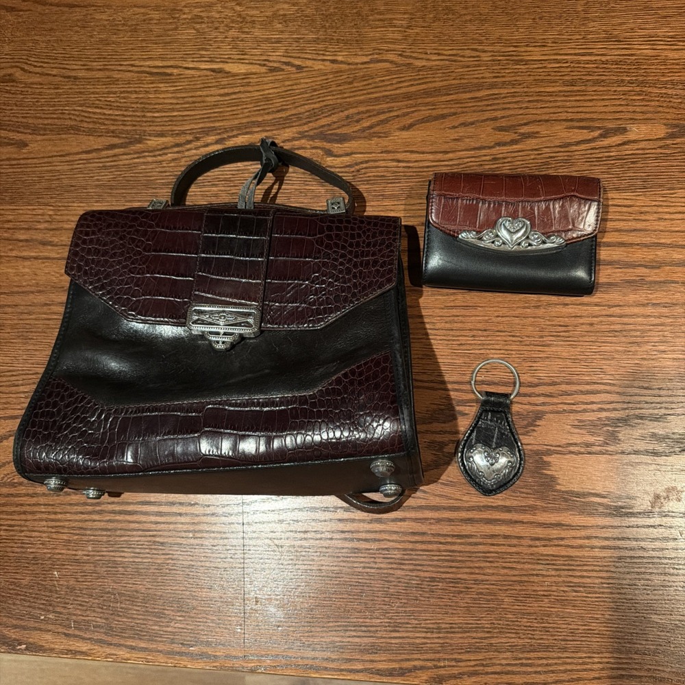 BRIGHTON Set Of 2 Vintage Black Moc Croc Leather Crossbody Bag Plus Wallet